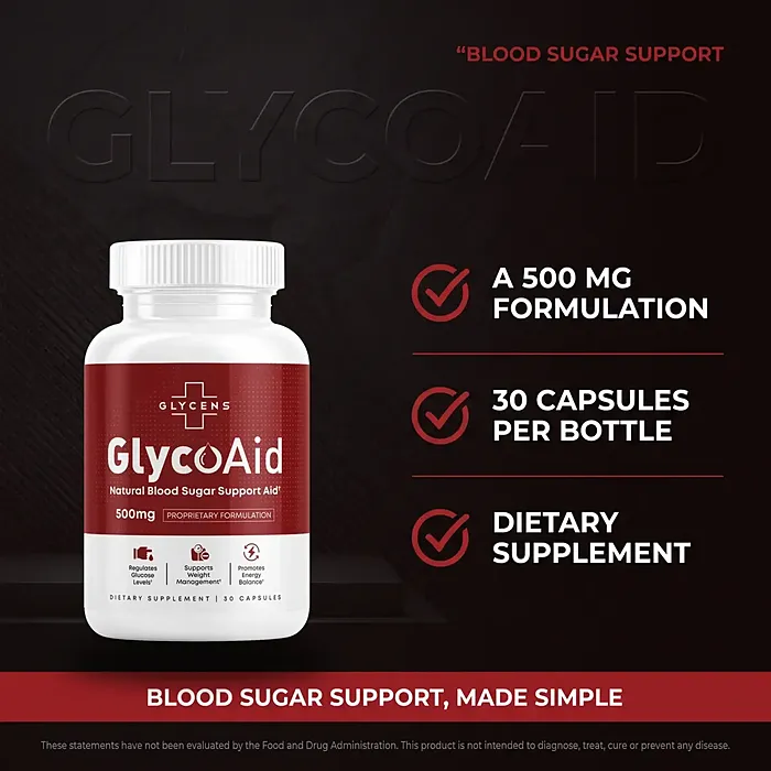 GlycoAid product card: a 500 mg formulation, 30 capsules per bottle, dietary supplement